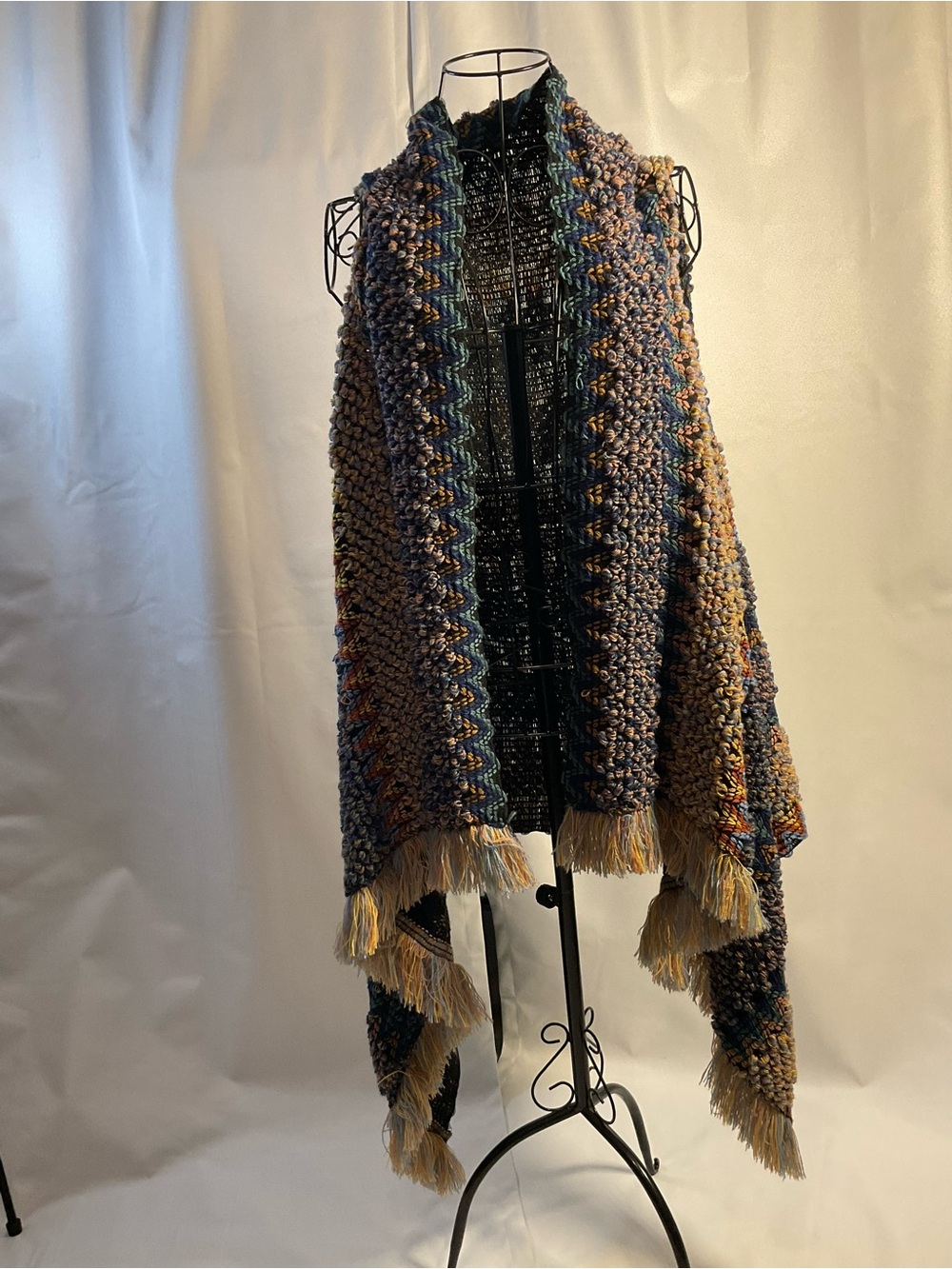 Vintage Handwoven Blue Multicolor Fringe Wrap Scarf